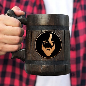 God of War Kratos Mug Ragnarok Gamer Gift Personalized Gift For Him Wooden Beer Mug Beer Stein Tankard Gift for Husband GoW Gift for Gamer