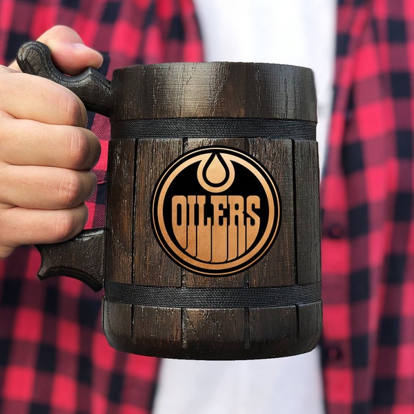 Edmonton Oilers Beer Mug Personalized Gift For Him Fathers Day Gift Sport Hockey Fan Gifts Wooden Beer Stein Beer Tankard Gift for Husband