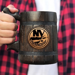 New York Islanders Beer Mug Personalized Gift For Him Fathers Day Gift Mug Hockey Fan Gifts Wooden Beer Stein Beer Tankard Gift for Husband