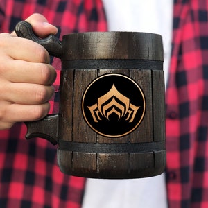 Warframe Mug Personalized Gamer Gift For Him Wooden Beer Mug Beer Stein Custom Beer Tankard Gift for Husband Mug Geek Gift for Gamer Stein