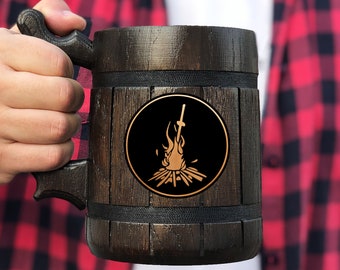 Darksouls Inspired Bonfire Mug Gamer Gift For Him Wooden Beer Mug Beer Stein Custom Beer Tankard Gift for Husband Mug Geek Gift for Gamer