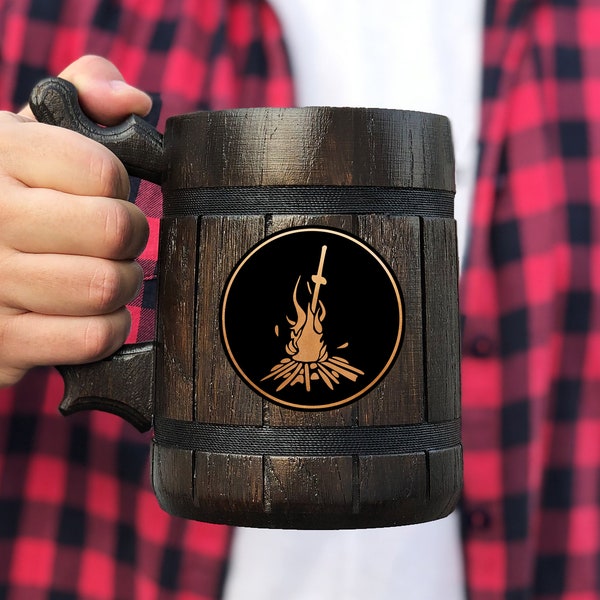 Darksouls Inspired Bonfire Mug Gamer Gift For Him Wooden Beer Mug Beer Stein Custom Beer Tankard Gift for Husband Mug Geek Gift for Gamer