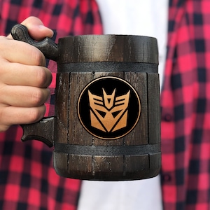Decepticon Beer Mug Transformers Mug Personalized Gift For Him Wooden Beer Mug Husband Gift Wooden Stein Beer Tankard Fathers Day Gift