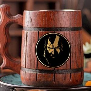 God of War Ragnarok Kratos Mug Gamer Gift GoW Personalized Gift For Him Wooden Beer Mug Beer Stein Tankard Gift for Husband Gift for Gamer
