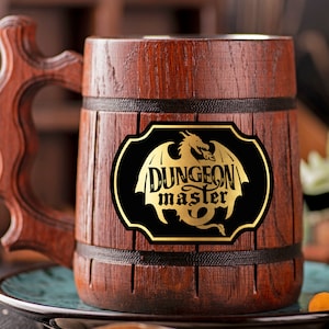 DnD Gift For Dungeon Master Mug Gamer Gift Personalized Gift For Him / Husband Beer Stein Tankard Dungeon and Dragons D20 Wooden Beer Mug
