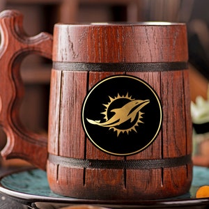 Miami Dolphins Beer Mug Personalized Gift For Him Fathers Day Gift American Football Fan Gifts Wooden Stein Gift for Husband Beer Tankard
