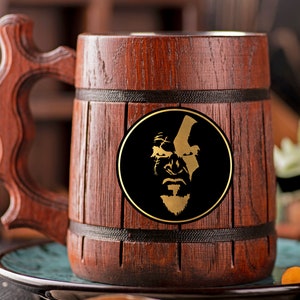 GoW Gift for Gamer Kratos God of War Mug Ragnarok Gamer Gift Personalized Gift For Him Wooden Beer Mug Beer Stein Tankard Gift for Husband