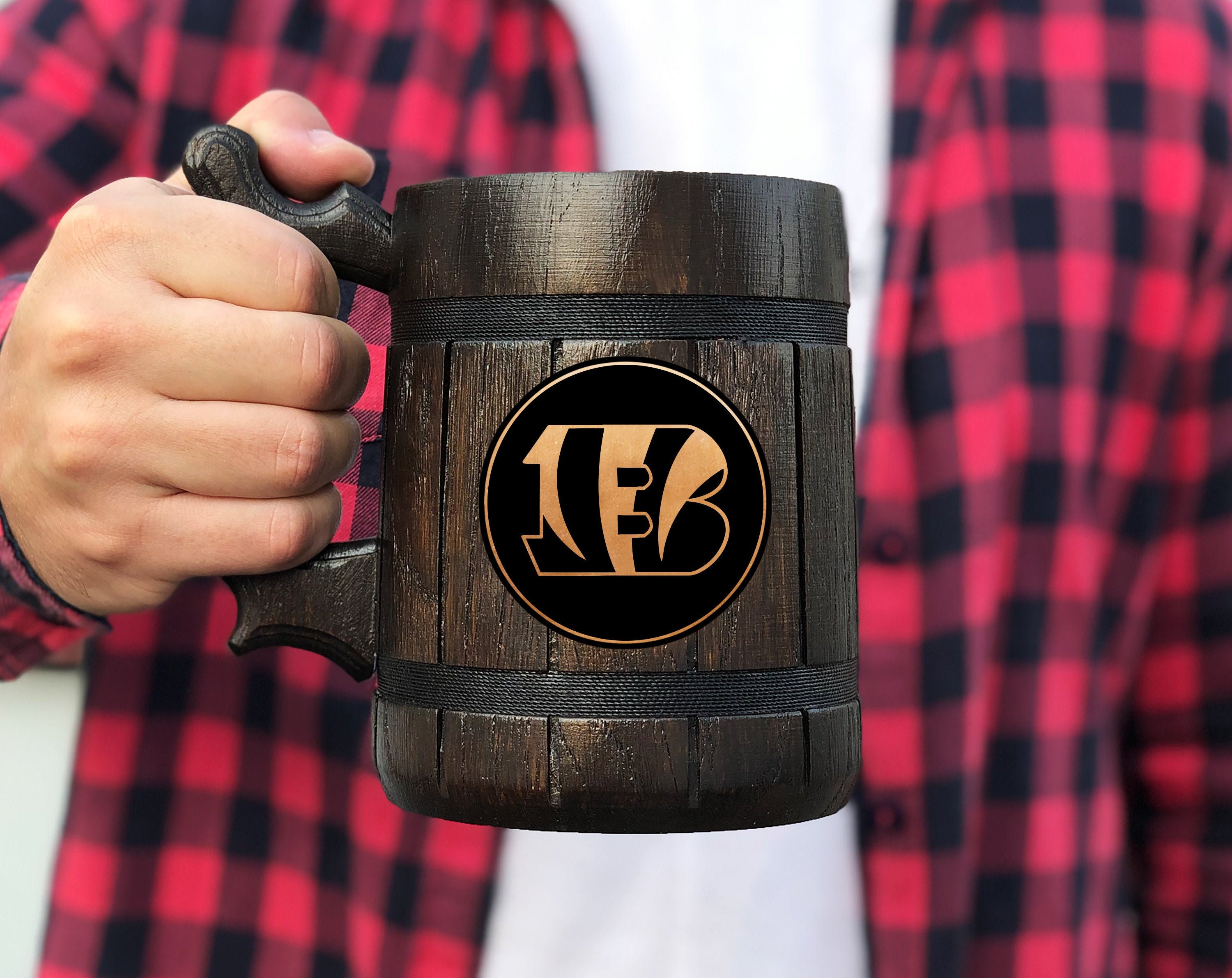 Cincinnati Bengals Beer Mug Personalized Gift For Him Fathers Day Gift American Football Gifts Wooden Stein Beer Tankard Gift for Husband