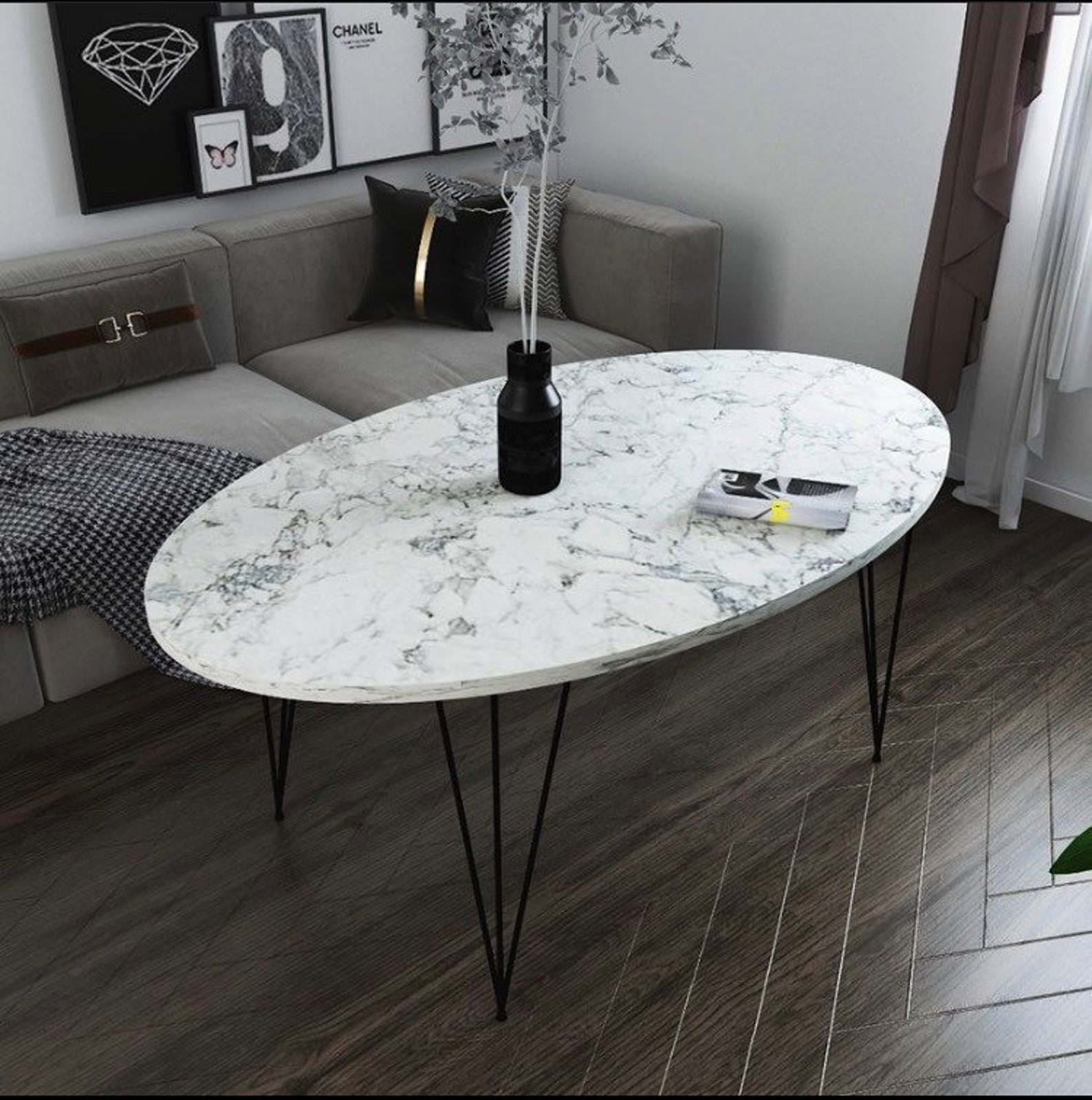 Simple and Sleek Oval Coffee Table White Faux Marble with Gold | Etsy