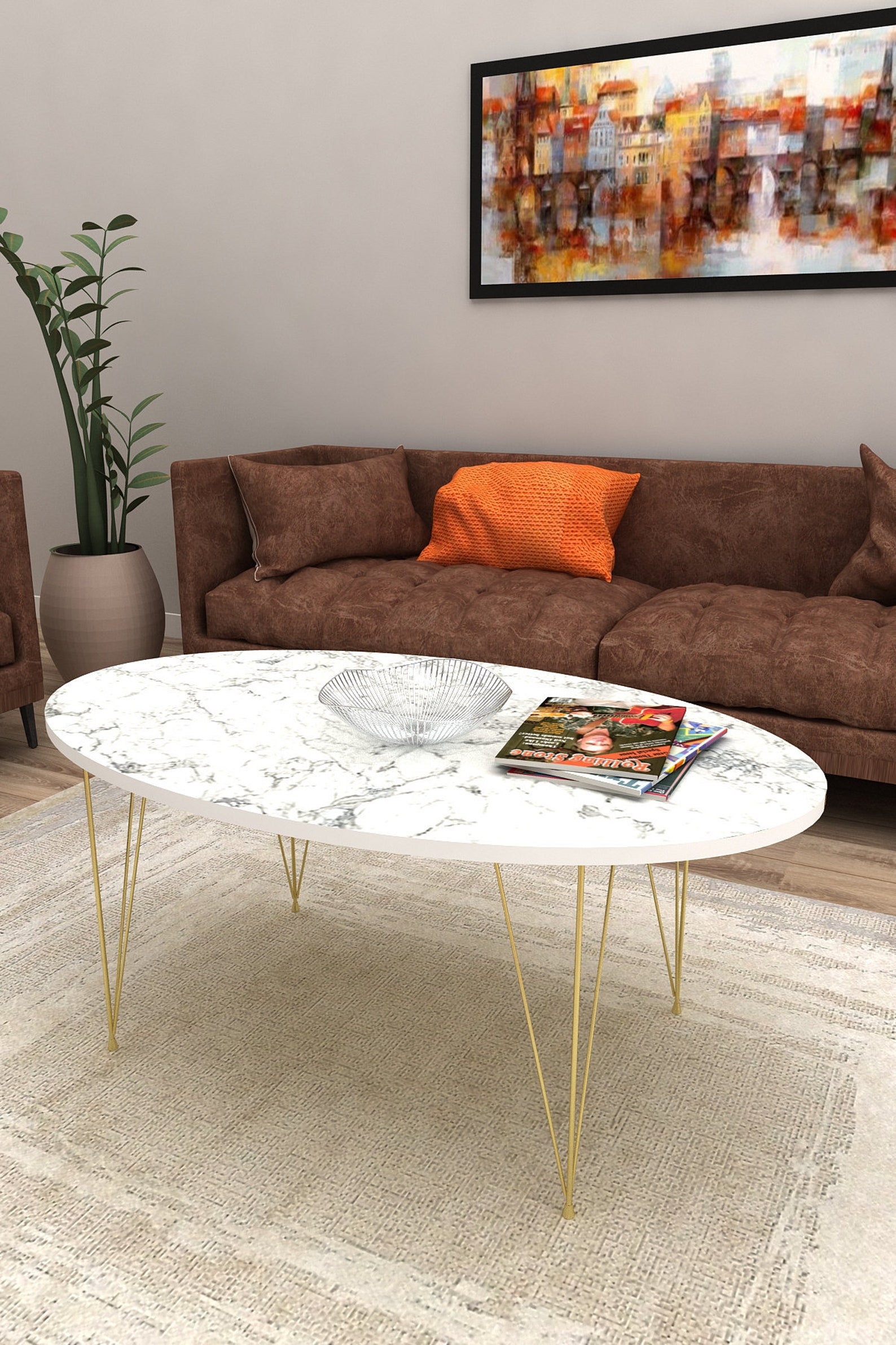 Simple and Sleek Oval Coffee Table White Faux Marble with Gold Etsy