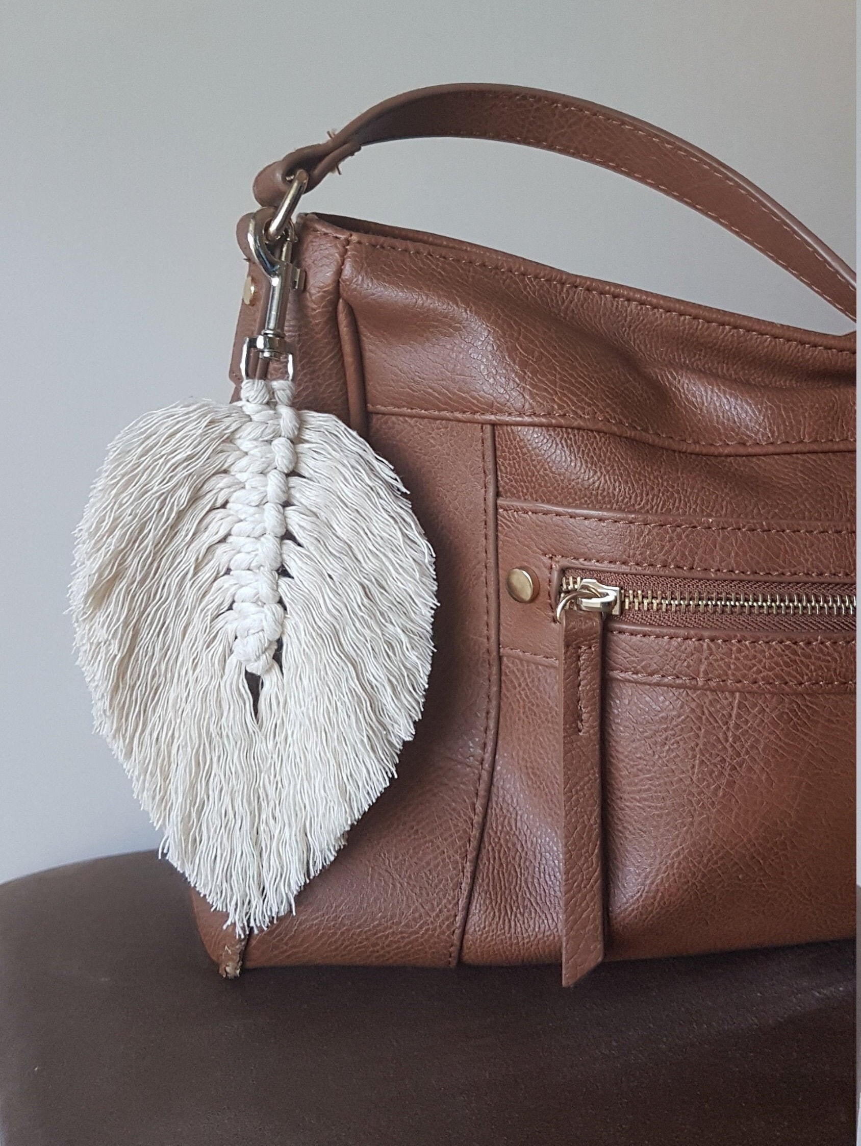 Macrame Bag Charm Feather Keyring Keychain Macrame Etsy