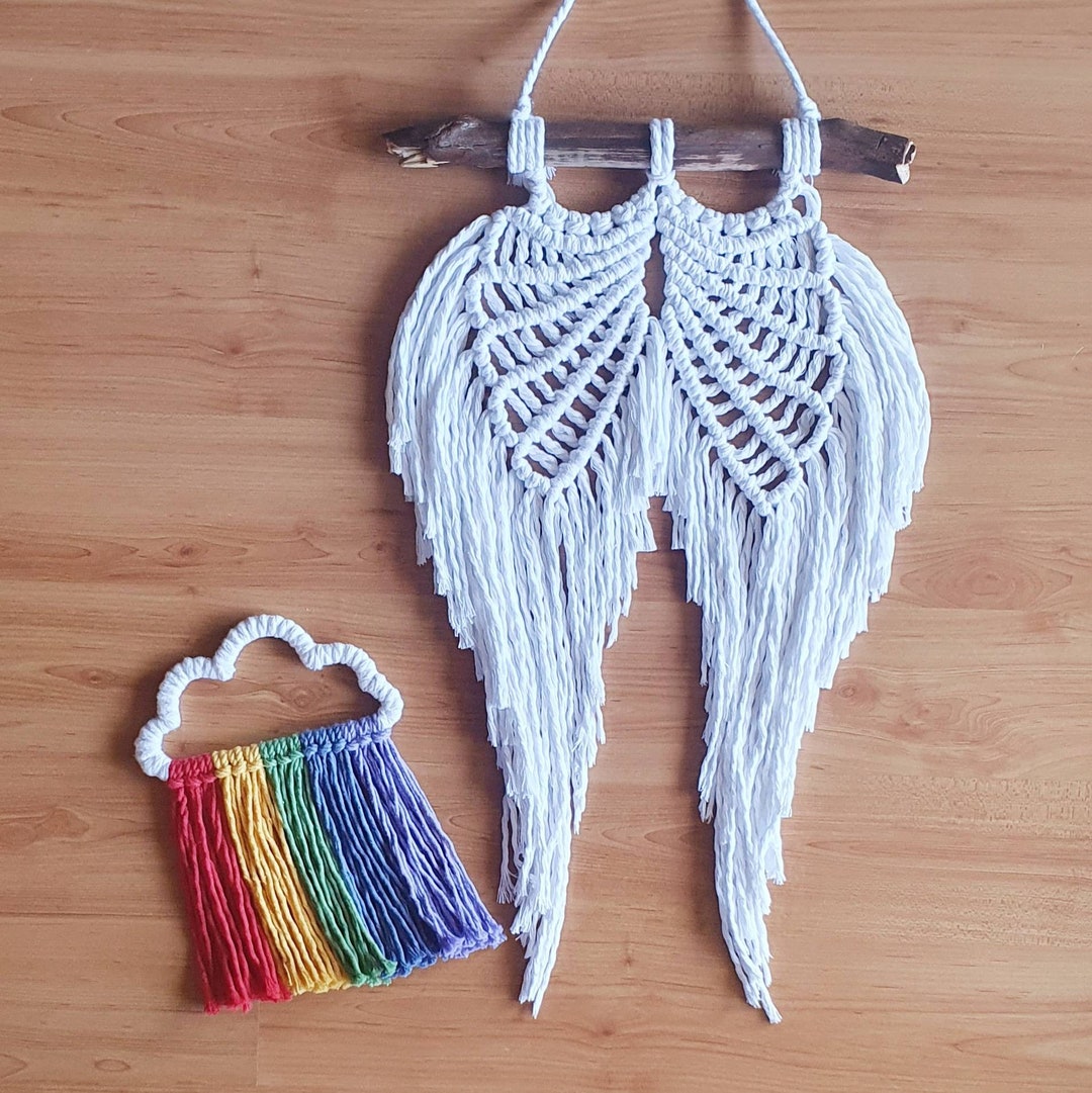 Macrame Angel Wings Wall Hanging on Natural Wood Branch Angel Wings