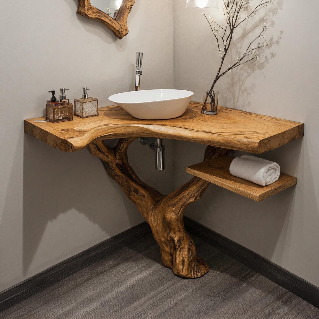 Farmhouse Corner Bathroom Vanity Wood Live Edge Sink Shelf Modern ...