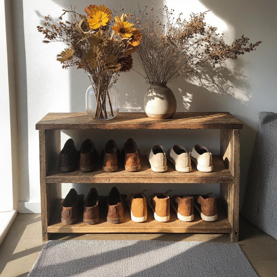 Traditional Shoe Racks Rustic Shoe Rack Mid Century Entryway Shoe Storage Solid Wood Shoe Rack ...