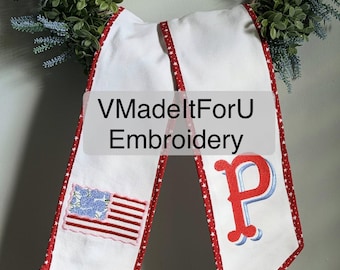 Kransbåge med amerikansk flagga: Patriotisk dörrdekoration, rosettdetaljer för Memorial Day, kransdekoration för 4 juli, flaggdörrband, kransbåge med vit hortensia