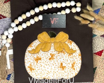 Embroidered Pumpkin Sweatshirt: Applique Bow, Fall Crewneck