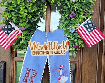 Patriotic Goose embroidered Wreath Sash: Embroidered Independence Day Door Decor, July 4th wreath Ribbon , Duck lover gift