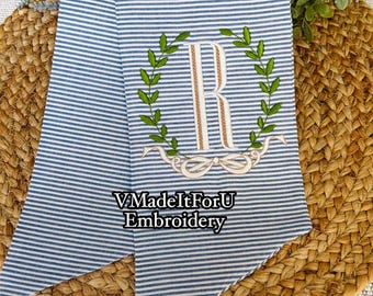 Embroidered Laurel Wreath Sash, Monogrammed Cotton Door Decor, Personalized Elegant Accent