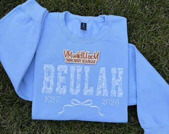Custom text Embroidered Sweatshirt: Blue Chinoiserie Floral, Custom Grandma Shirt