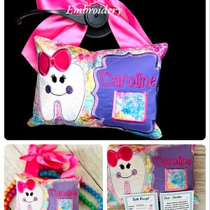 Girl tooth fairy pillow , Fifth sixth birthday, personalized tooth pillow , Tooth fairy door hanger with pocket, First tooth loss gift, Girl