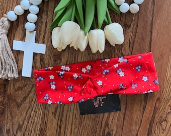 Patriotic Floral Headband: Red White Blue Twisted Knot Turban