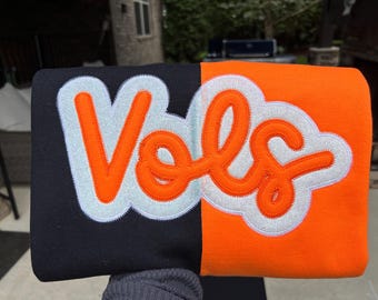 Embroidered Vols Split color Sweatshirt, Custom Team Two Tone Split Embroidered Crewneck, Spirit Color Block High School mascot pullover