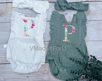 Personalized Baby Romper: Embroidered Floral Monogram, Flutter Sleeve Outfit