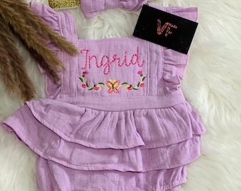 Personalized Muslin Ruffle Romper: Embroidered Baby Girl Bodysuit