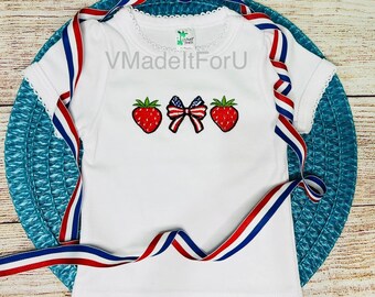 Personalized 4th of July Shirt: Embroidered Strawberry Coquette Bow