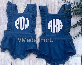 Personalized Baby Girl Denim Romper: Embroidered Monogram Sunsuit
