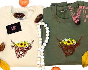 Embroidered Highland Cow Sweatshirt: Sunflower Heifer Pullover