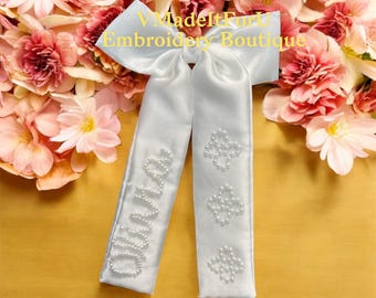 Personalized Satin Bow with Pearl Name: Embroidered Heirloom Hair Bow