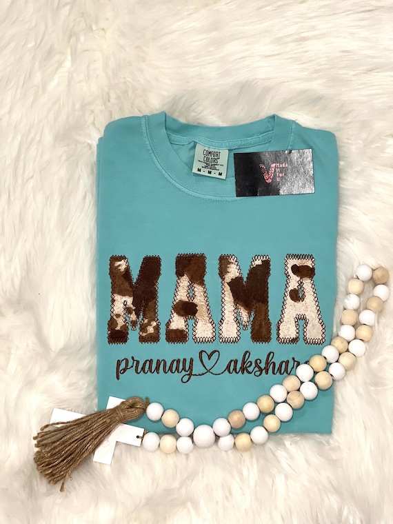 Embroidered Cow Print MAMA Shirt: Personalized Kids Names Tee