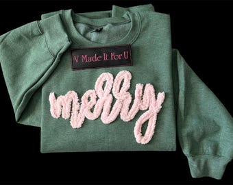 Merry Christmas Sweatshirt: Chenille Yarn Embroidered Crewneck