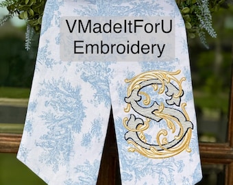 Embroidered Monogram Wreath Sash, French Toile Cotton Ribbon, Custom Door Decor