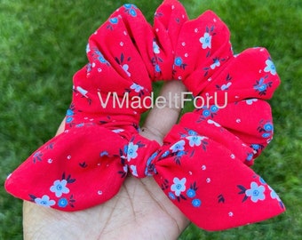 Red Floral Scrunchie with Bunny Ears: Patriotic 4th July Hair Ties