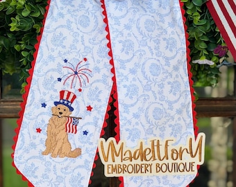 Patriotic chinoiserie Labrador Wreath Sash: Embroidered Independence Day Door Decor, July 4th wreath Ribbon , Pet lover gift