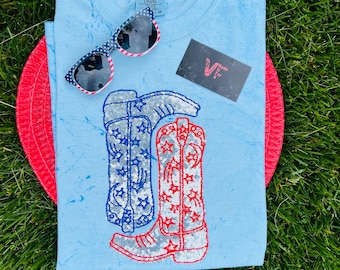 Cowgirl boots Embroidered shirt , 4th of July shirt , USA America t-shirt, Independence Day tee, Fourth of July apparel, southern Cowboy tee