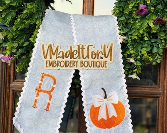 Embroidered Pumpkin bow wreath sash, Fall Autumn wreath scarf, Pumpkin season decor, wreath Bow Accents