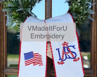 Embroidered Patriotic Wreath Sash: USA Flags Monogrammed Door Decor