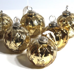 3in mercury glass ornaments embossed gold. set of-6