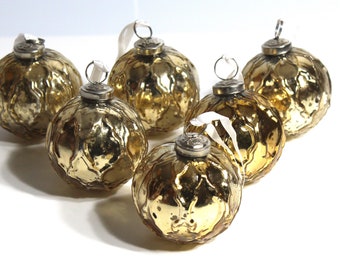 3in mercury glass ornaments embossed gold. set of-6