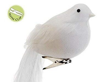 7'' long tail clip on white feather bird.