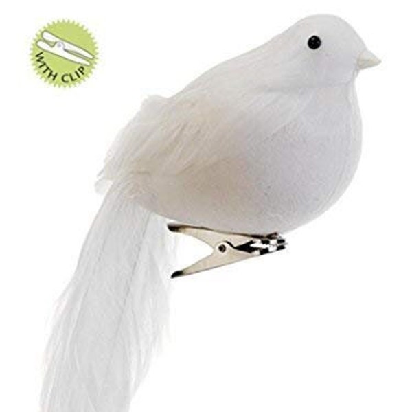 7'' long tail clip on white feather bird.