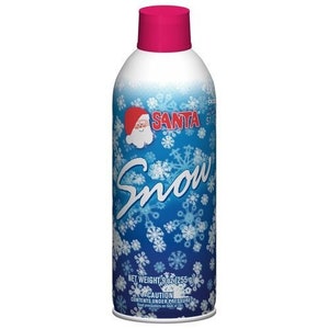 May include: A red and white Santa Claus illustration with the word "SANTA" in red letters on a blue can with a white lid and a pink cap. The can has a snowflake pattern and the word "Snow" in white letters. The can says "Net Weight 9 oz (255 g) and "Caution: Contents Under Pressure".
