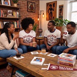 May include: A group of four people sitting around a wooden coffee table. Two individuals wear white ringer t-shirts with Hillman Bulldogs text and a bulldog graphic. A stack of A Different World DVD cases and a Hillman College pennant are on the table.