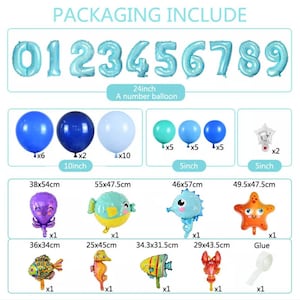 May include: A set of blue and white balloons, including numbers 0-9, 24 inches in diameter, and smaller balloons in various sizes. There are also several foil balloons shaped like sea creatures, including a starfish, a seahorse, a fish, and an octopus. The set also includes glue and a roll of tape.