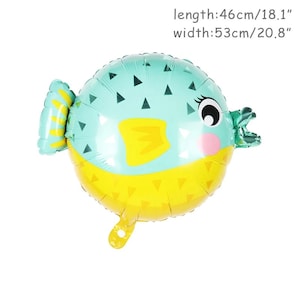 May include: A blue and yellow pufferfish shaped foil balloon with a cute face. The balloon is 18.1 inches long and 20.8 inches wide.