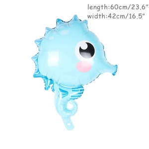 May include: A light blue foil balloon shaped like a seahorse with a cute cartoon face. The balloon is 23.6 inches long and 16.5 inches wide.