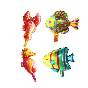 May include: Four colorful foil balloons shaped like a lobster, a seahorse, and two fish. The balloons are all in shades of red, orange, yellow, green, and blue.